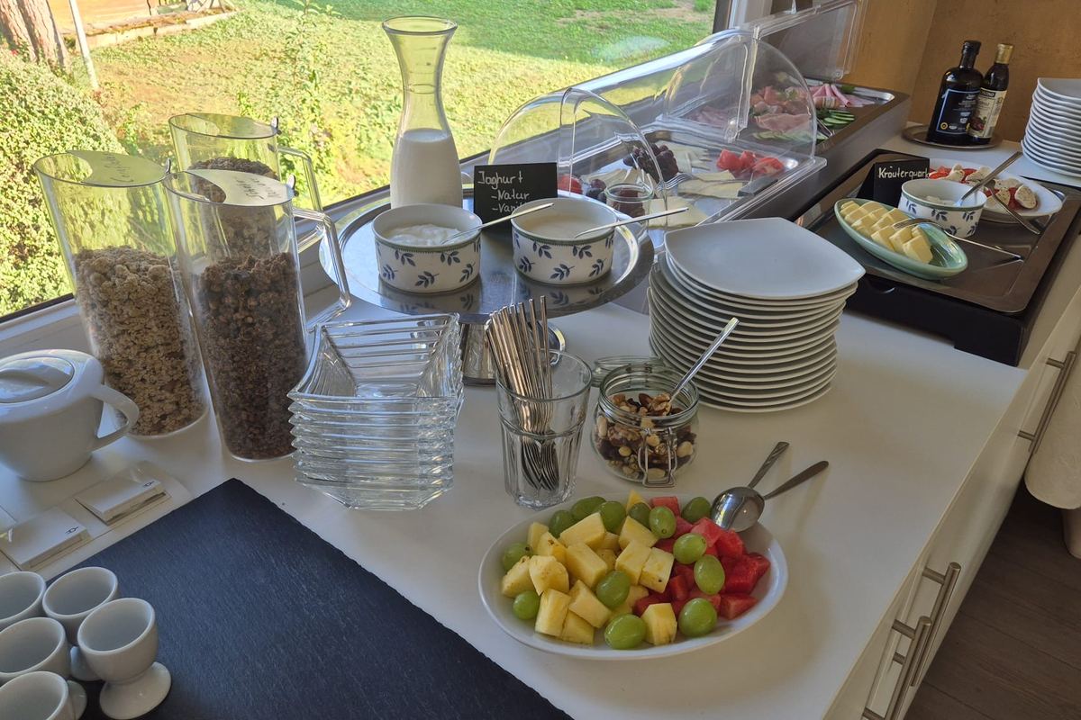 Blick über das Buffet aus dem Fenster in den Garten